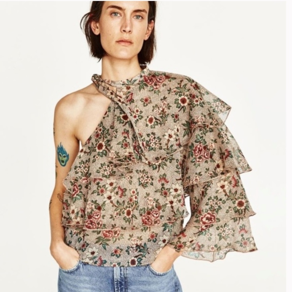 NWOT Zara Floral One Shoulder Side Neck Tie Blouse